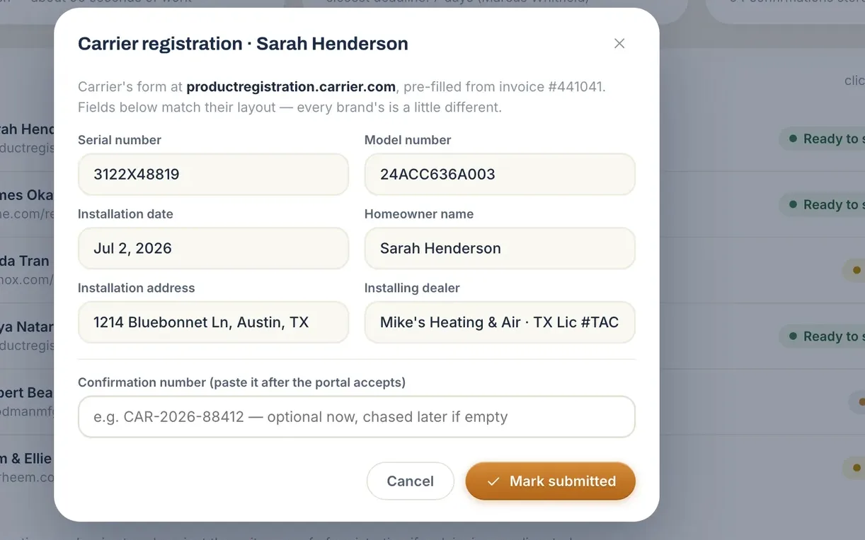 A Carrier warranty registration form in TenKeeper, pre-filled with serial number, model, install date, and homeowner details.